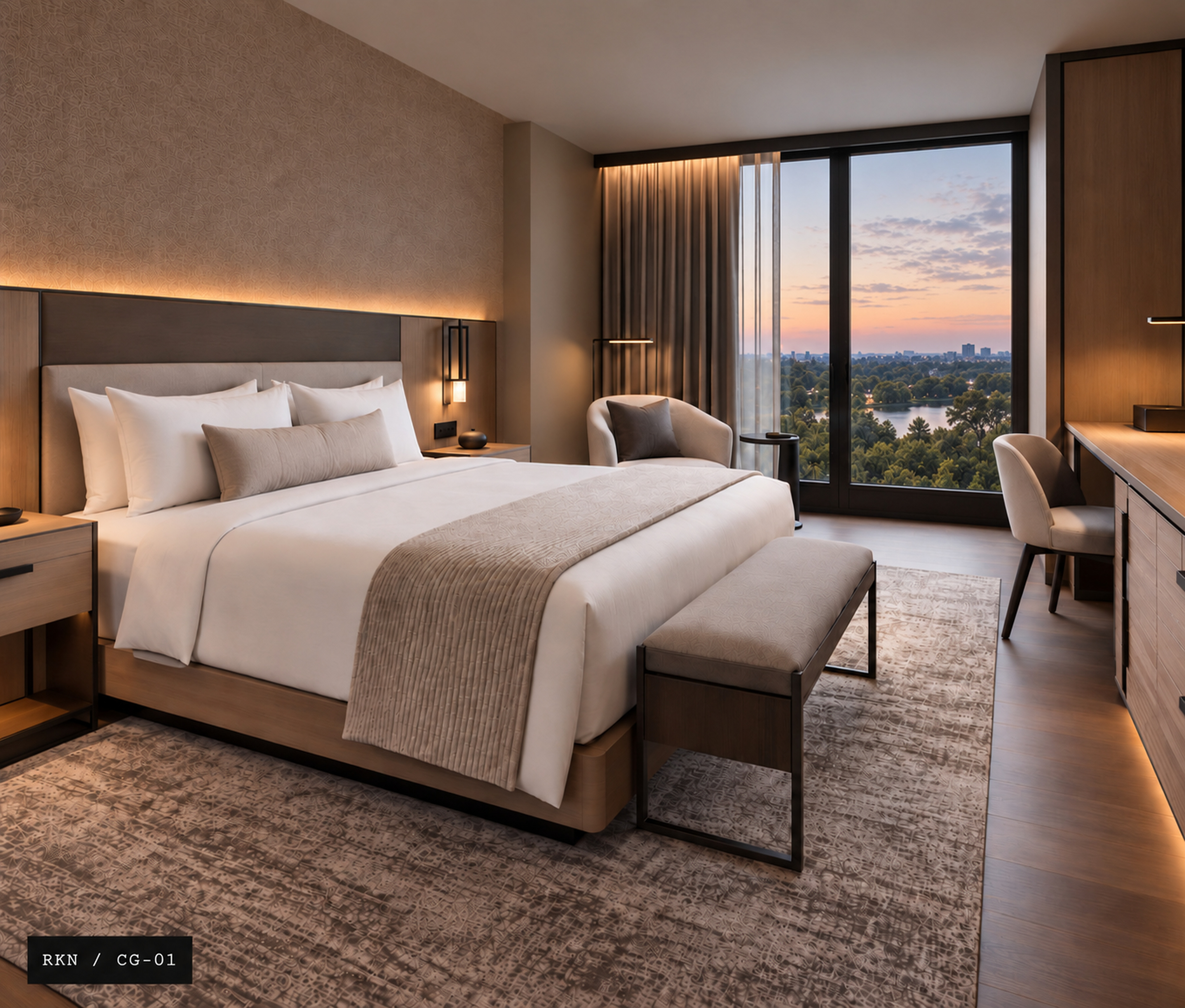 Precision hotel casegoods in a modern guestroom